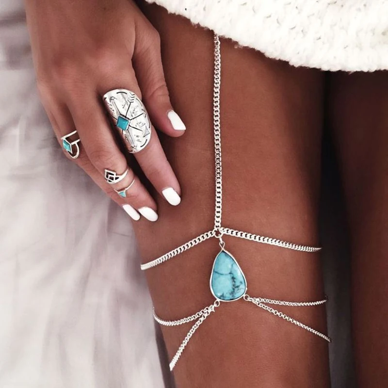 New fashion jewelry seaside beach summertime joker turquoise water droplets anklets body chain tassel leg chain free shipping
