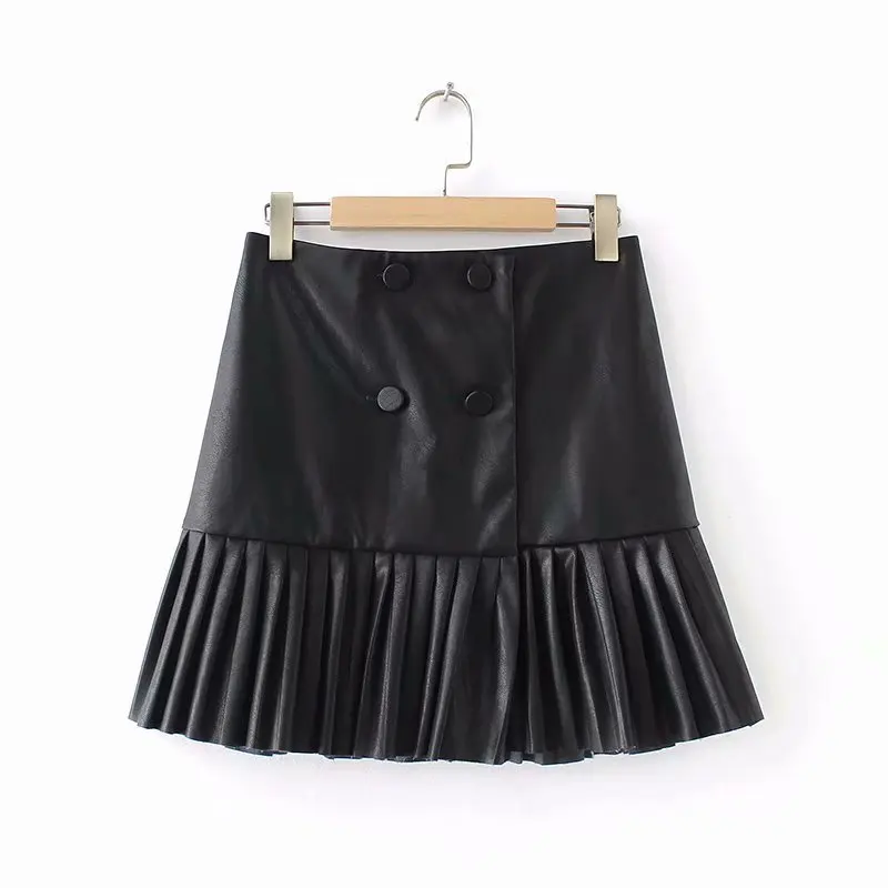 Модная женская плиссированная юбка из искусственной кожи, европейский стиль, передняя двойная пуговица, высокая талия, винтажная черная мини-юбка, AAZZ9040