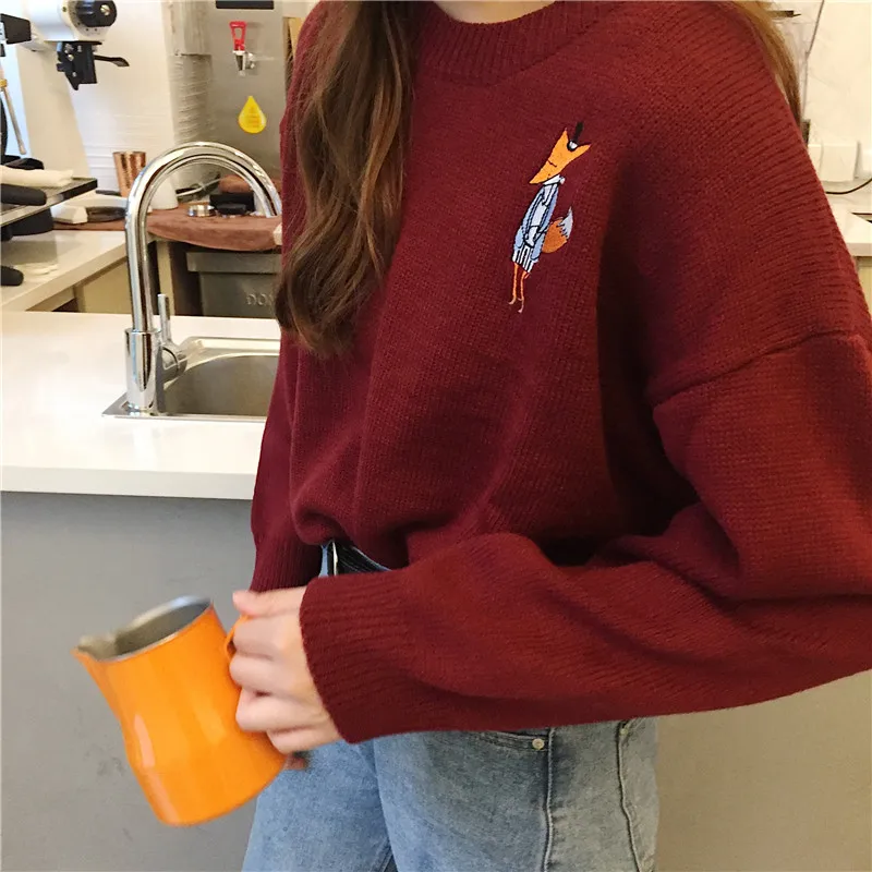 

2018 New Autumn Winter Autumn Round Neck Women Sweater Fox Embroidery Loose Pullovers Casual Sweater Burgandy