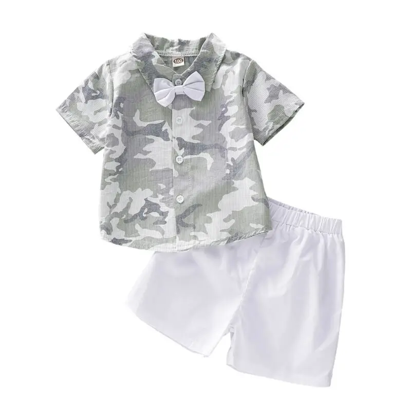 

2019 Toddler Newborn Kid Baby Boy Clothes Set Summer Gentleman Short Sleeve Camo Bowtie Shirt Tops Shorts Clothing Outfits