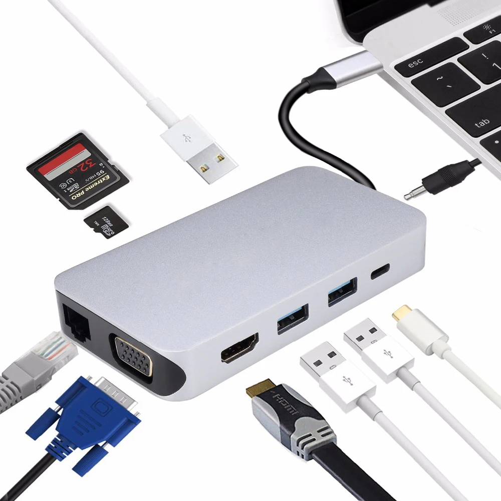 

10-in-1 Thunderbolt 3 USB-C Hub to HDMI VGA Rj45 Adapter with PD Charging Port SD TF card Reader Slot for MacBook Pro Type-c