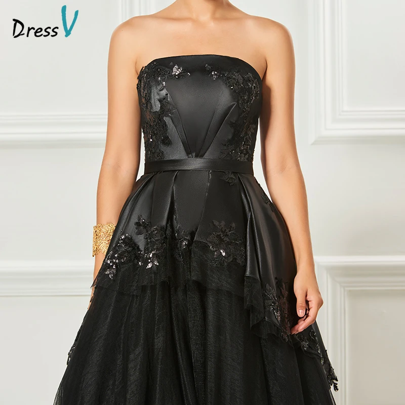 Dressv черное коктейльное платье без бретелек элегантное с аппликацией рукавов