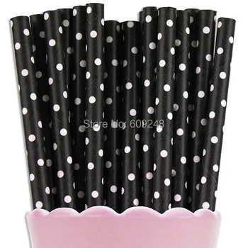 

100pcs Mixed Colors Disposable Biodegradable Decorative Halloween Party White Swiss Dot Black Paper Straws