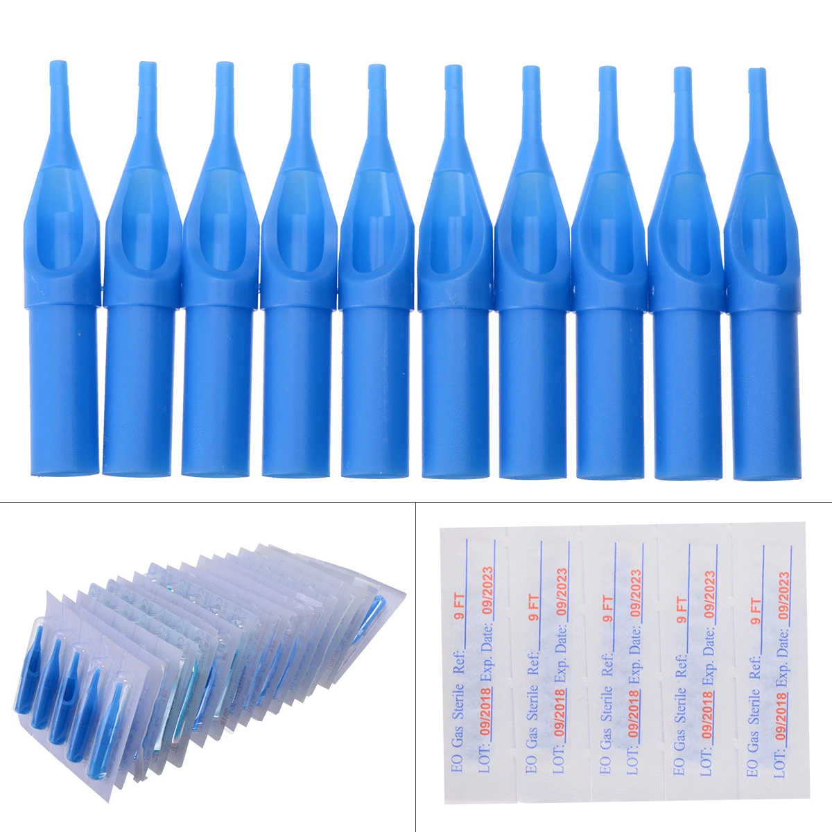 Professional 100pcs Disposable Mixed Sterile Tattoo Nozzle Tips Kit Needle Tube Blue 3RT, 5RT/7RT/9RD/3DT/5DT/7DT/5FT/7FT/9FT