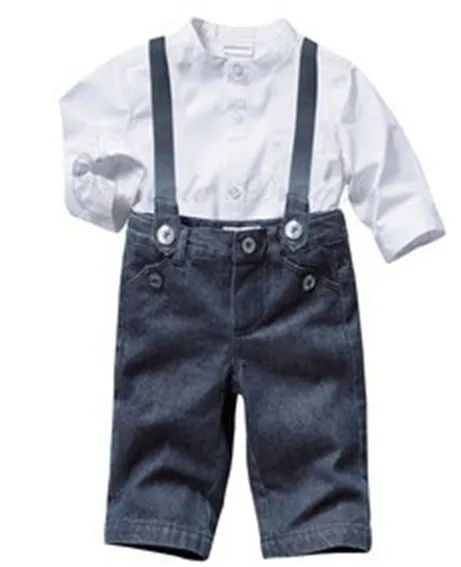 Розничная комплекты одежды из 2 предметов для мальчиков деловой мужской костюм: футболка с длинным рукавом+ джинсовый комбинезон для детей от 2 до 6 лет Conjuntos