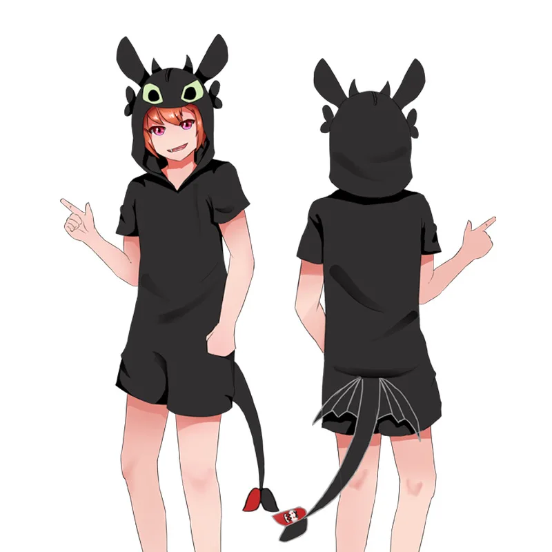 

Anime How to Train Your Dragon Toothless Cosplay Horn Tail Kigurumi Black Short Sleeve Pajamas Student Unisex Summer Sleepwear