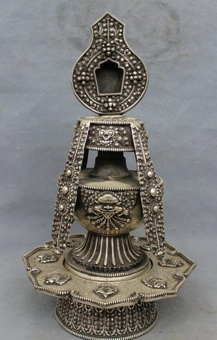 

Collectible bronze S1218 20" Chinese Silver 8 Auspicious Symbol Dragon Head Statue Stupa Pagoda Tope B0403