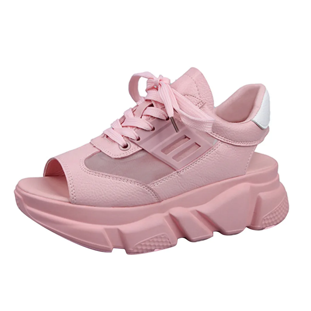 Летние босоножки на танкетке и платформе; женские босоножки; спортивная обувь из дышащего сетчатого материала на толстой подошве; Zapatos De Mujer - Цвет: Pink