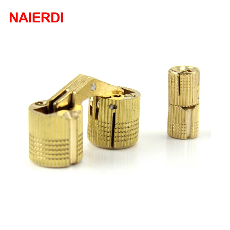 Goede NAIERDI 4 stks 10mm Koperen Vat Scharnieren Cilindrische Verborgen Deur Kabinet Verborgen Onzichtbare Messing Scharnieren Mount Meubels Hardware