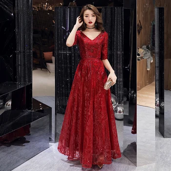 

2020 Elegant V Neck Sequins Evening Dresses Lace up Half Sleeves Formal Party Dresses Evening Gown Robe De Soiree LF224