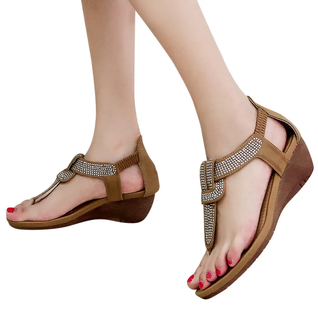 

Women's Ladies Crystal Bohemian Ankle T-strap Flip Flops Toepost Wedges Beach Sandals Roman Shoes