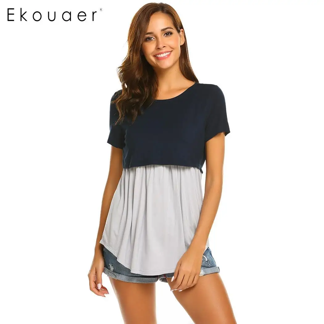 Ekouaer Short Sleeve Sleep Top Women Sleepwear Casual O Neck Double