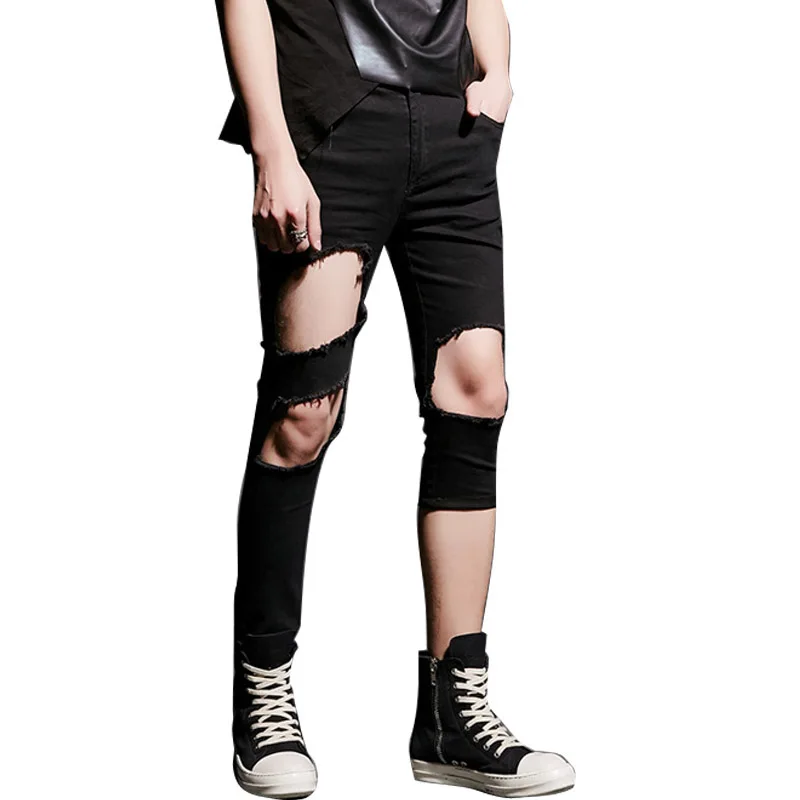 

Asymmetry Hole Men Slim Fit Jeans Punk Hiphop Gothic Foot Beggar Denim Pants Jeans Skinny Trouser Stage Costume K520