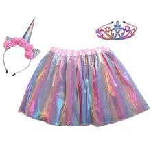 Комплект из 3 предметов, нарядный костюм принцессы для девочек, радужная юбка-пачка с голограммой Милая повязка на голову с кошачьими ушками, тиара, корона, одежда для фотосессии, От 3 до 8 лет