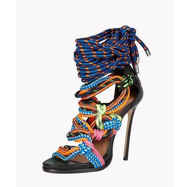 

New Arrival Colorful String Lace-Up High Heels Sandals Woman 2019 Summer Sexy Peep Toe Cut-Outs Gladiator Sandals Woman Fashion