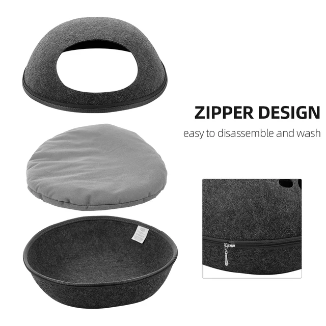 Detachable Cat Bed With Cushion Natural Felt Pet Cave Zipper Breathable