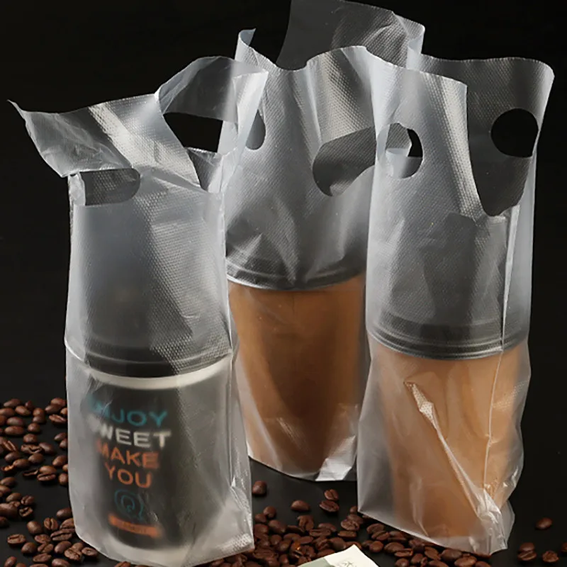 50pcs Disposable Cup Bags Coffee Doggy Bag Take-away Drinking Packing Tools Pastic Double Cups Carrier Bottle Handbag
