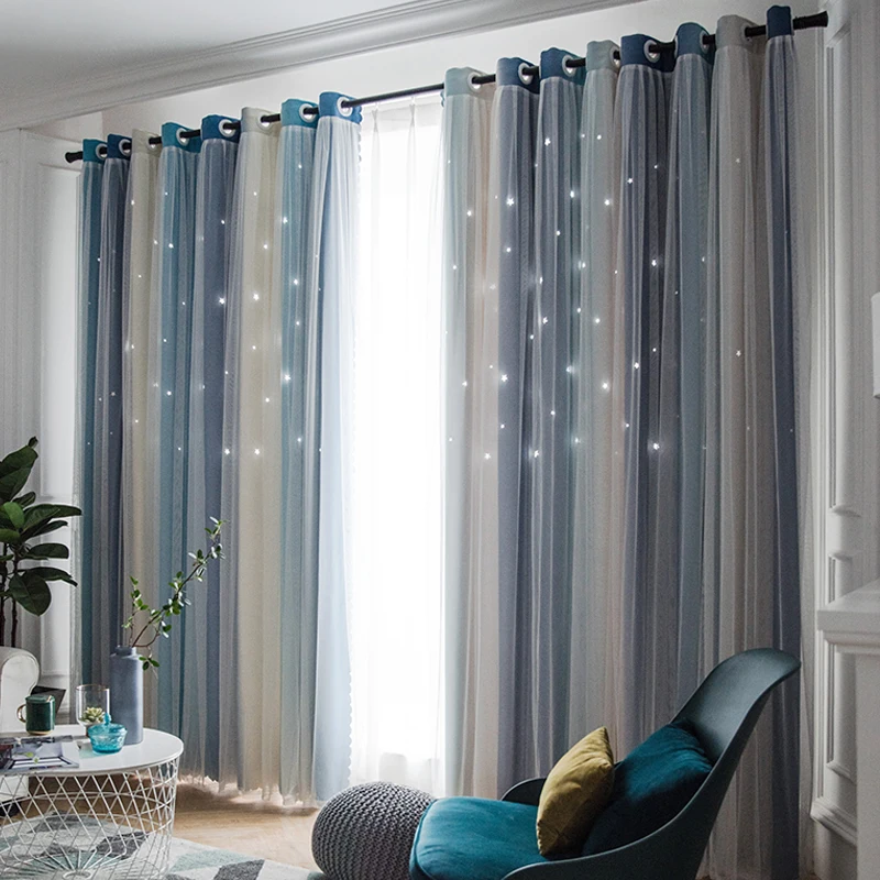 

Hollow Star Striped Blackout Curtain Morden Tulle Curtains for Living Room Bedroom for Princess Room With White Voile Home Decor