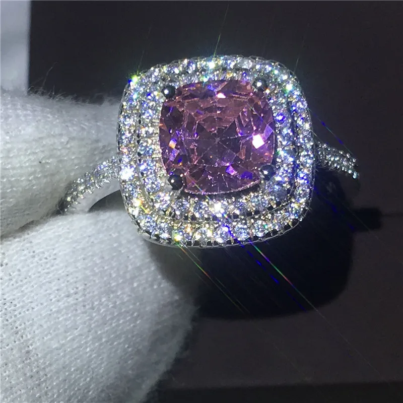 

Dazzling Women Engagement wedding band ring for women cushion cut 8mm Pink 5A zircon crystal 925 Sterling silver Bijoux