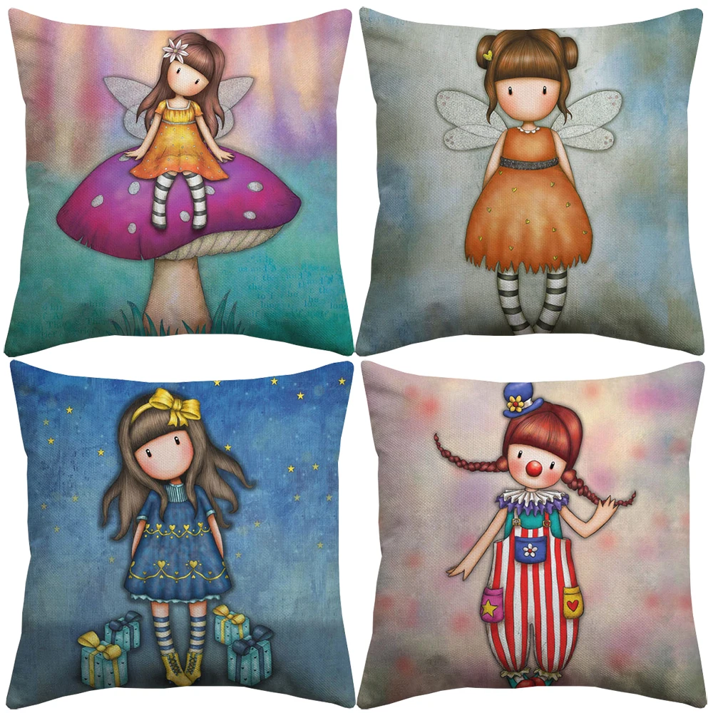 

Cartoon Little Girl Cushion Covers Oil Painting Cute Lovely Girls Cushion Cover Baby Kids Children Bedroom Linen Pillow Case