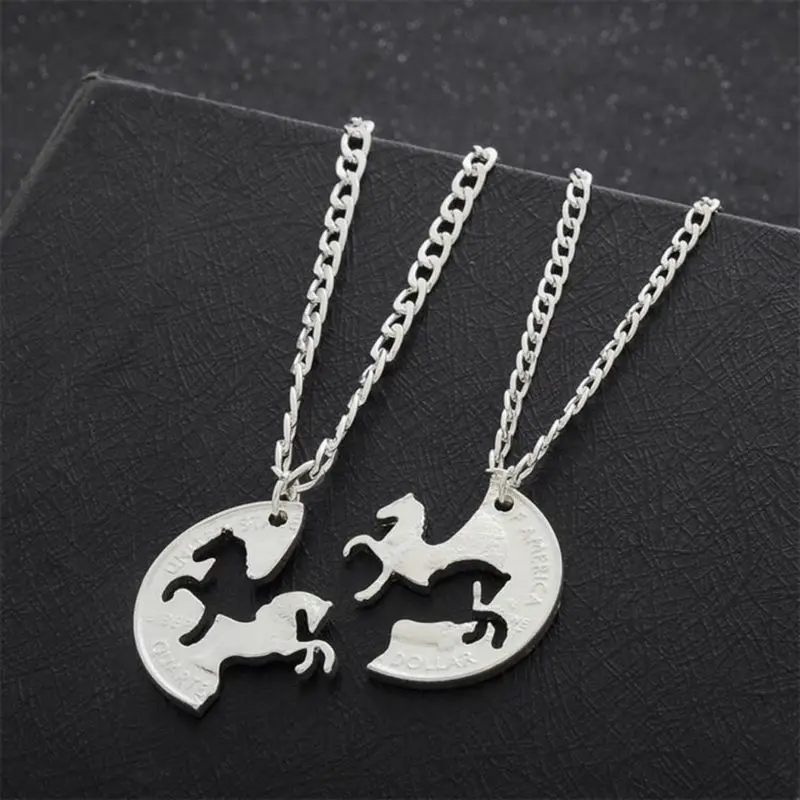 

2PC Running Horse Puzzle Necklace Gifts For Best Friend Women Men Friendship Pendant Necklaces Silver Plated Charm