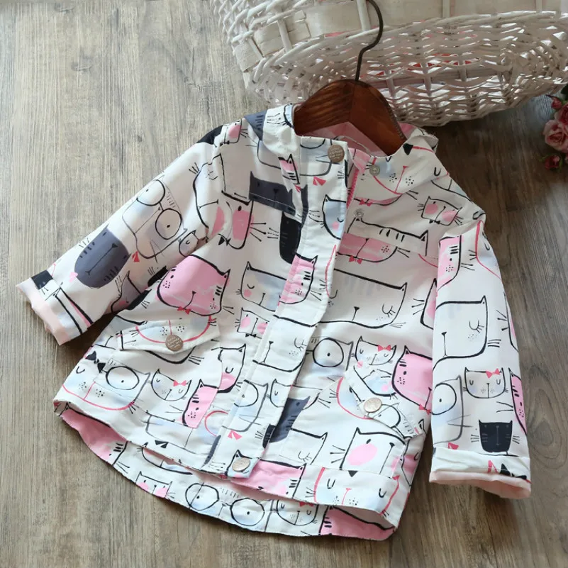 

Spring Autumn Style Hooded Jacket Cartoon Cat Pattern Pink Jacket For Girls New Brand Windbreaker For Girls Kids Clothing