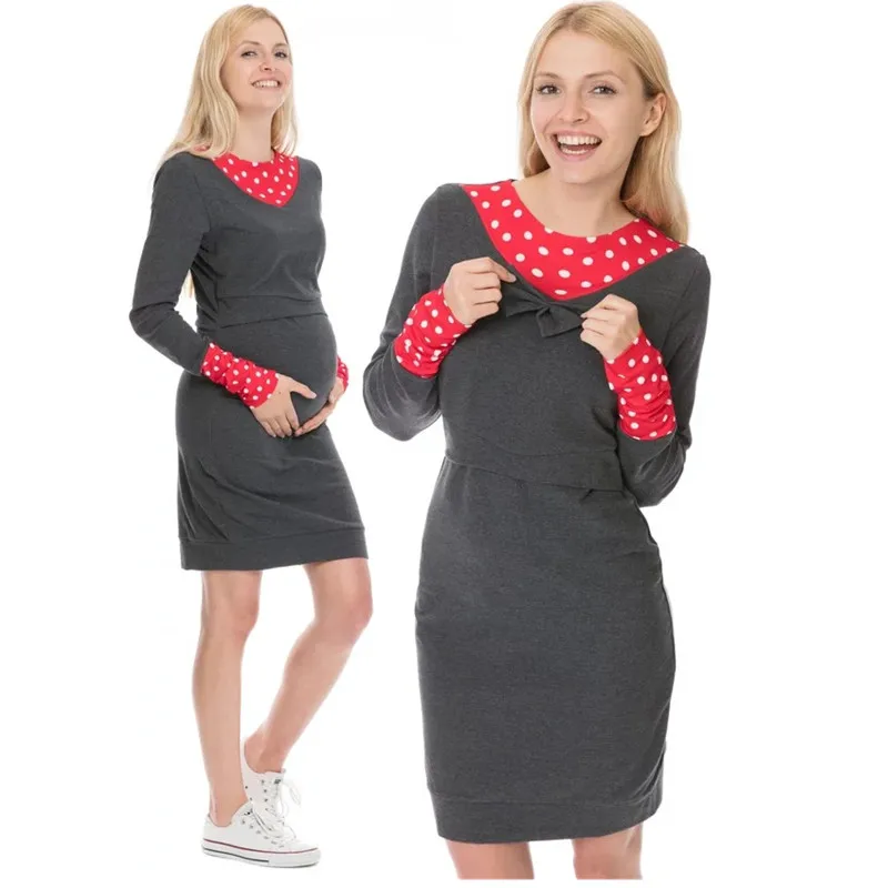 Maternity Lactation Dress Pregnant Breastfeeding Sweater Dress Nursing Suit-dress Spelling Color Long Sleeve Pregnancy Clothes 