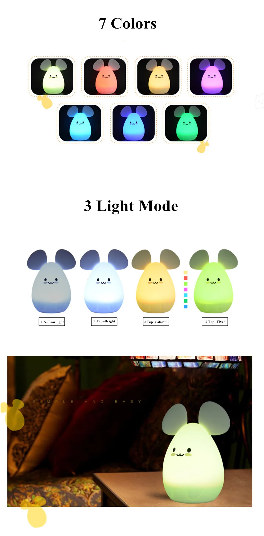 SuperNight Cute Cartoon Cat Mice LED Night Light Touch Sensor Colorful Silicone Bedside Table Lamp for Children Kids Baby Gift (3)