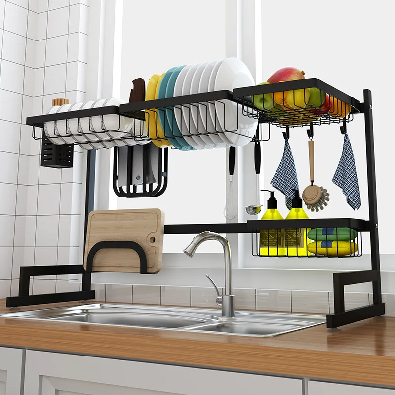  Black 65/85cm Stainless Steel Kitchen Dish Rack U Shape Sink Drain Rack Two layers Kitchen Organize - 32998818698