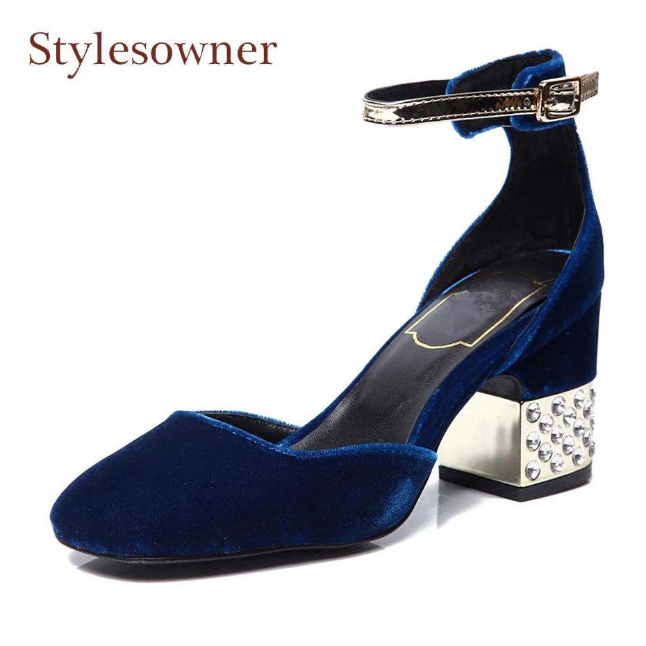 Womens Slip on Classic Pumps Wedding Metal Chunky Mid Heel Shoes Velvet Spring