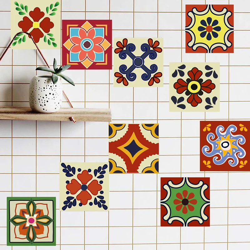 20pcs Self-adhesive Mandala Wall Tiles Stickers Waist Line Kitchen Wall Sticker PVC Floor Wallpaper Home Decor Bright Color