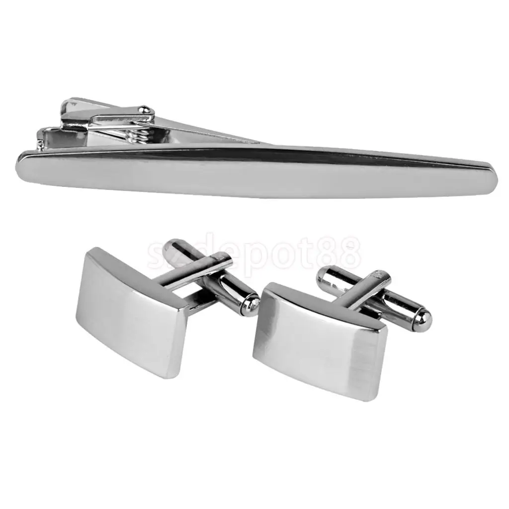 

Men's Brass Glossy Cufflinks Tie Pin Clip Set for Business Suit Silver