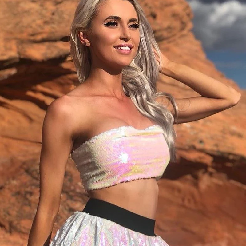 Shiny Sequins Stretchy Crop Tops Sexy Women Strapless Tube Top Rave Festival Elastic Vest Stage Performance Party Clubwear | Женская