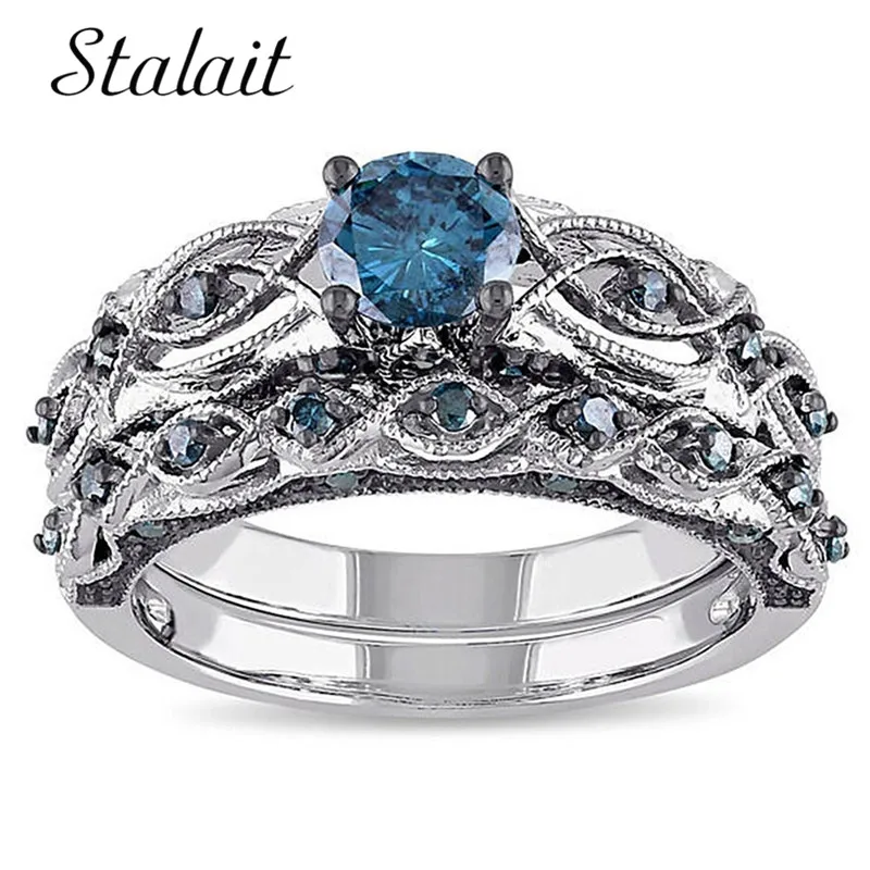 Vintage New Fashion Round Cut Ink Blue Cubic Zirconia Gold Silver Color Ring Sets Cocktail Rings for Women Wholesale | Украшения и