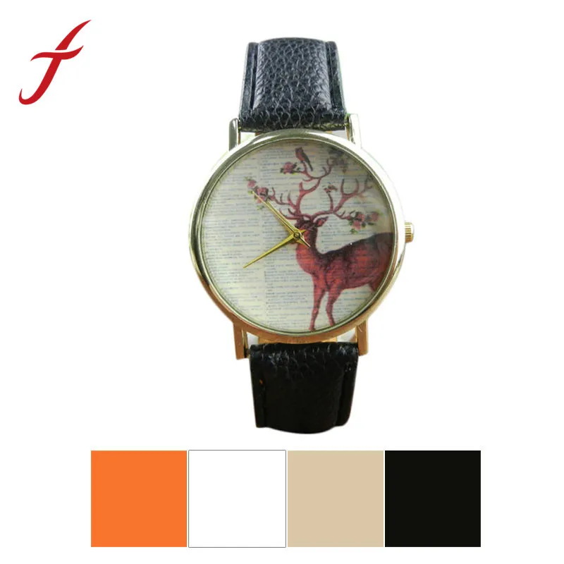 

Feitong Vintage Deer Cartoon Watch PU Leather Strap Band Quartz Wrist Watch Dress Watches For women men relogios