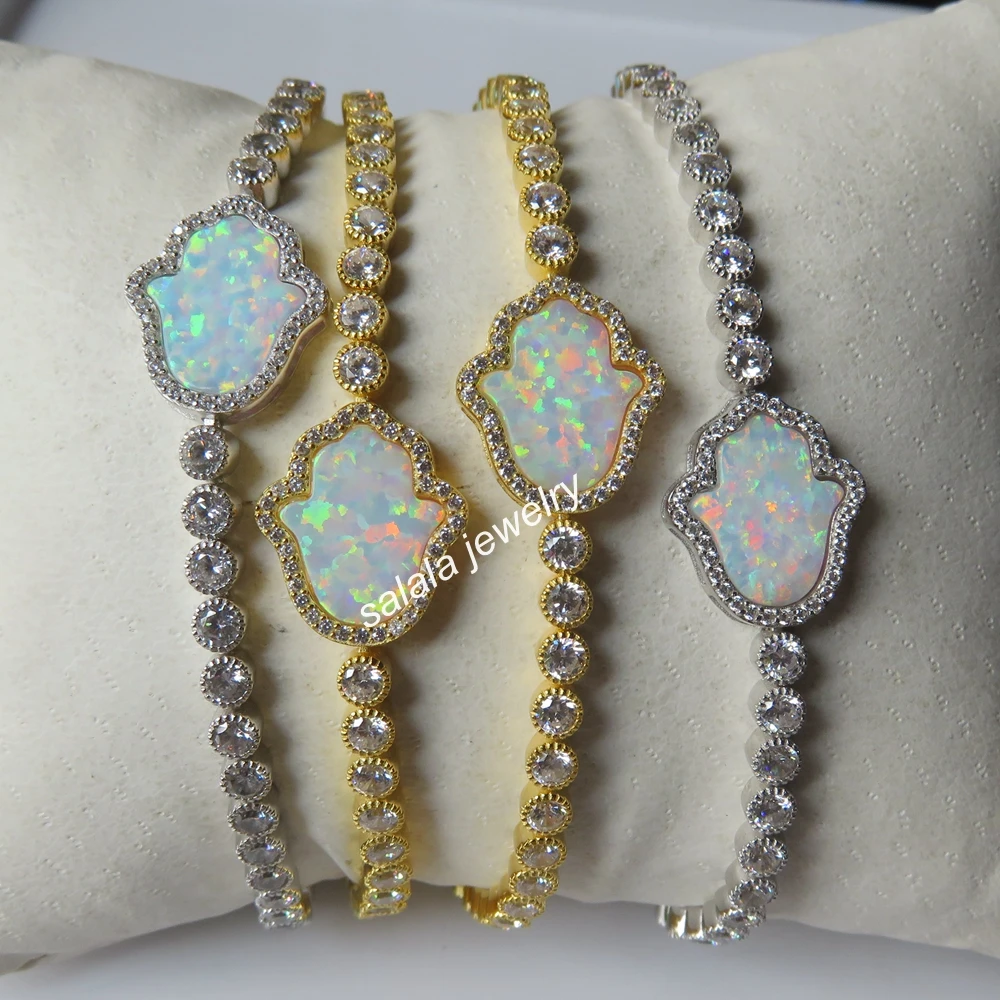 5pcs/lot OP17 White 925 Sterling Silver Synthetic Hamsa &ampHand Fire Opal Bracelet with AAA Cubic Zirconia | Украшения и