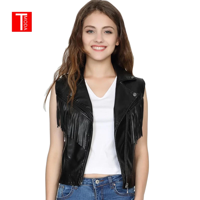 

2018 New Fashion Women Spring Autunm Black Faux Leather Vest Jackets Lady Bomber Motorcycle Cool Outerwear Tassel Coat Zipper