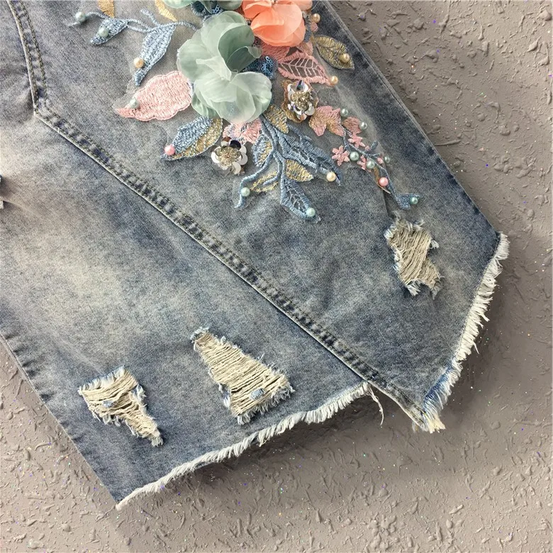 Verão Novas Mulheres Denim Saias Buraco Flor Bordado Irregular Feminino Elegante Sexy Retas 2021 3 Cheap Saias