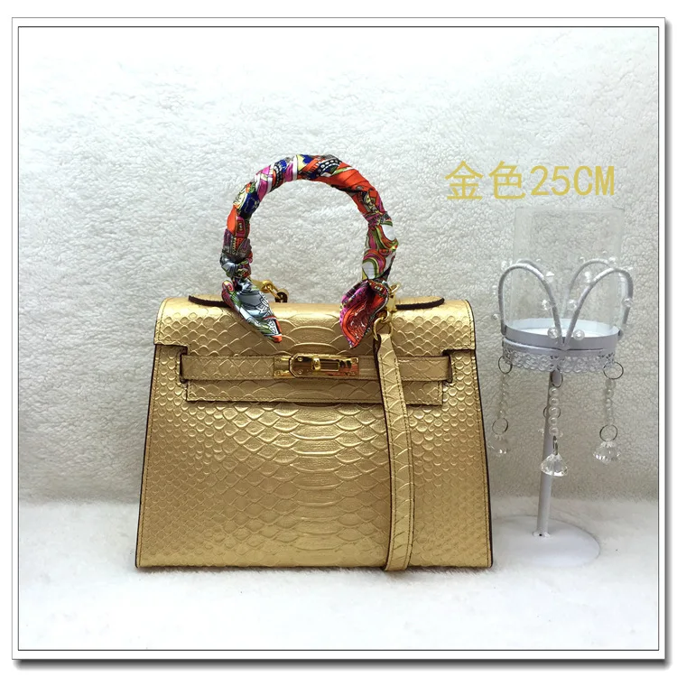 

2017 New Designer Genuine Leather 25CM nake pattern Cow Leather Golden leather  Women Messenger Bags Ladies Handbag