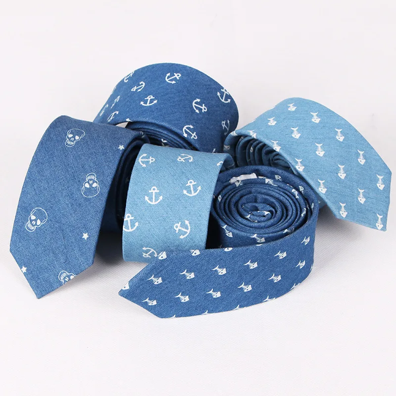 

TagerWilen Men's Denim Cotton Tie 6.5cm Slim Skinny Narrow Skull Anchor Floral Necktie Gravata Wedding Party Gift T-14