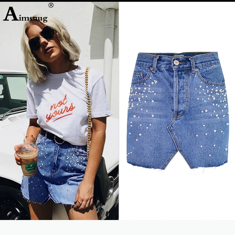 

Women Pearl Beading Short Denim Skirt Irregular Pocket Button Jeans Skirt Female Blue Casual Cut Hem Cute Denim A Line Skirts