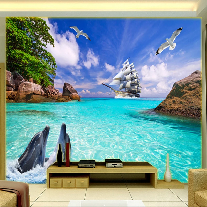Пользовательские фото обои фрески 3d Дельфин парусник вид на море нетканые Ткань Большая фреска обои Гостиная украшения стены