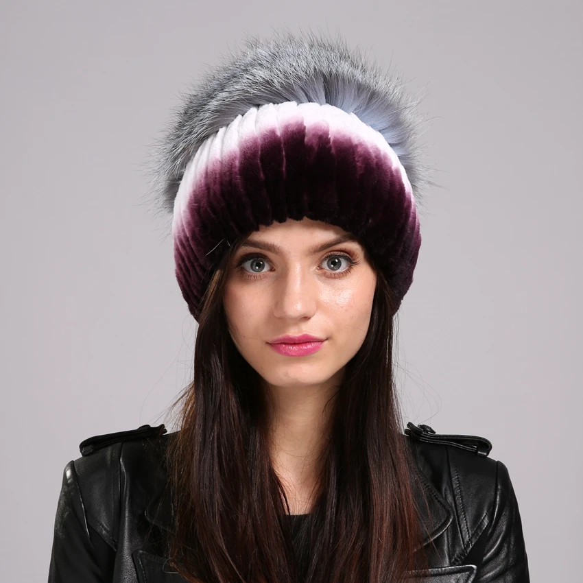 Women s Winter Hats Real Rex rabbit Solid stripes Gradient purple female cap Silver Fox Pompom