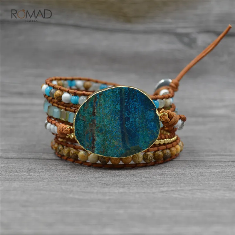 

Romad Boho Handmade Leather Wrap Stone Beads Charm Bracelet Multi-layer Bracelet Couples Jewelry Gift