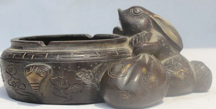 

831++7" Marked Chinese Palace Bronze Fu Rabbit Wealth Money Bag Jar Tobacco Ashtray