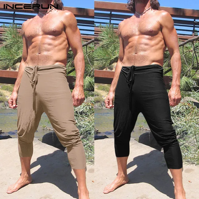 INCERUN S-5XL Casual Pants Men Polyester Calf Length Slim Fitness Jogger Drawstring Solid Khaki Color Trouser Plus Size Summer