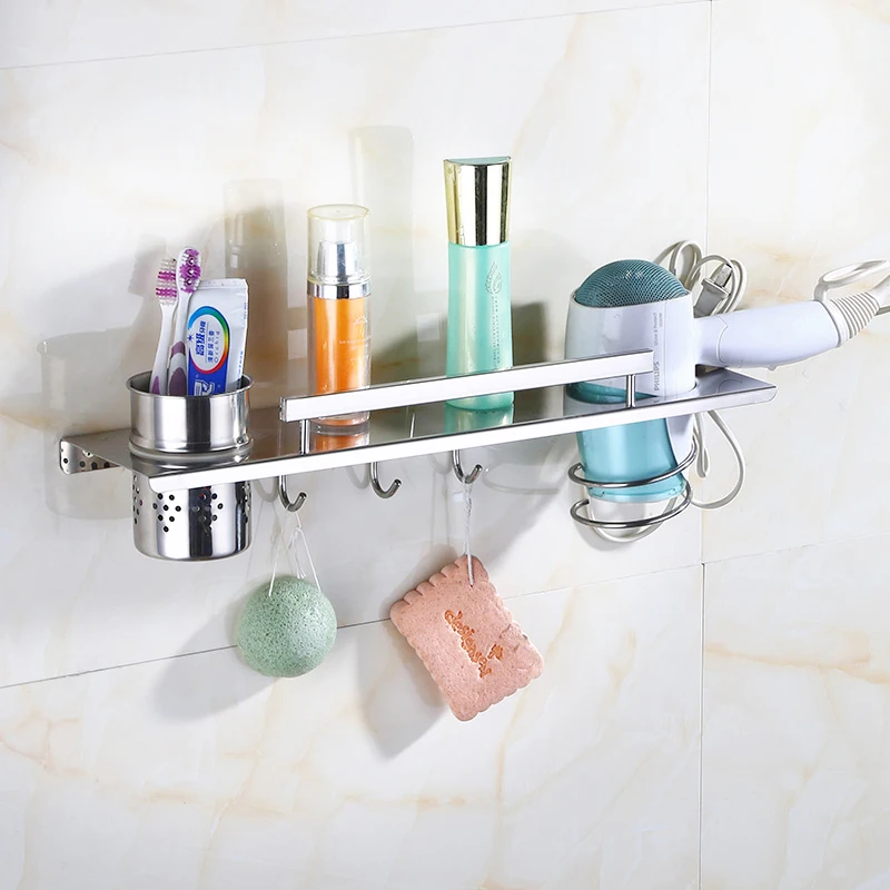 

Multi-function 304 Stainless Steel Bathroom Shelf Wall Mounted Hair Dryer Holder Comb Storage with Hooks 38/48 Cm Polish Finish