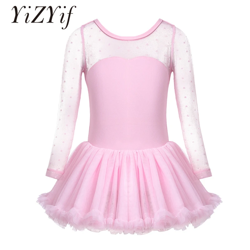 

YiZYiF Girls Ballet Dress Cotton Polka Dots Mesh Long Sleeves Tutu Ballet Dancer Leotard Dress Gymnastics Performance Costumes
