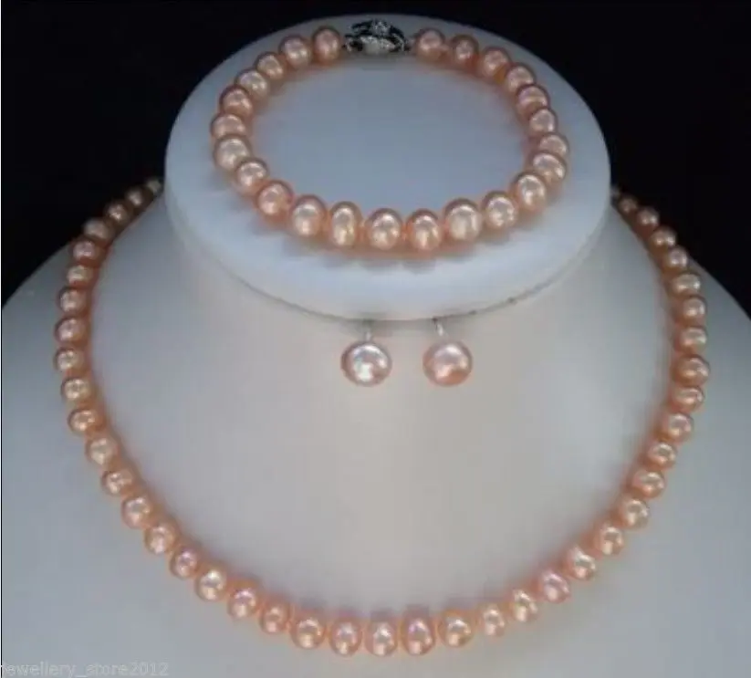 

Hot sale new Style >>>>>8-9mm AAA Pink Pearl Necklace Bracelet Earring Sets