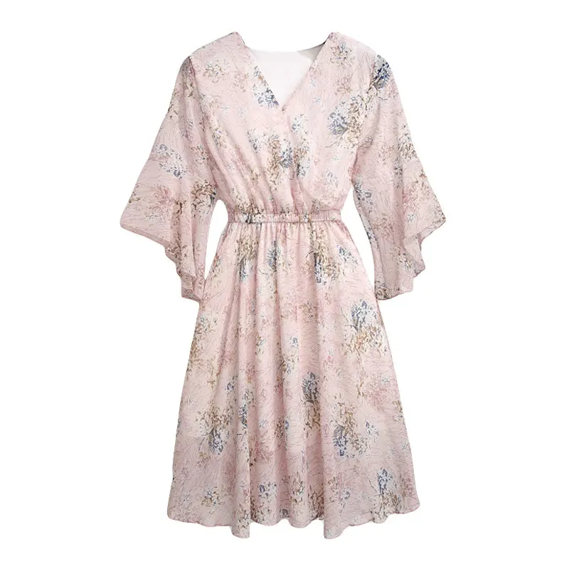 Women Dress Summer Chiffon Floral Print Elegant Flare Sleeve A-line Female Party Dress Vintage Beach Dresses Femme Vestidos 2019